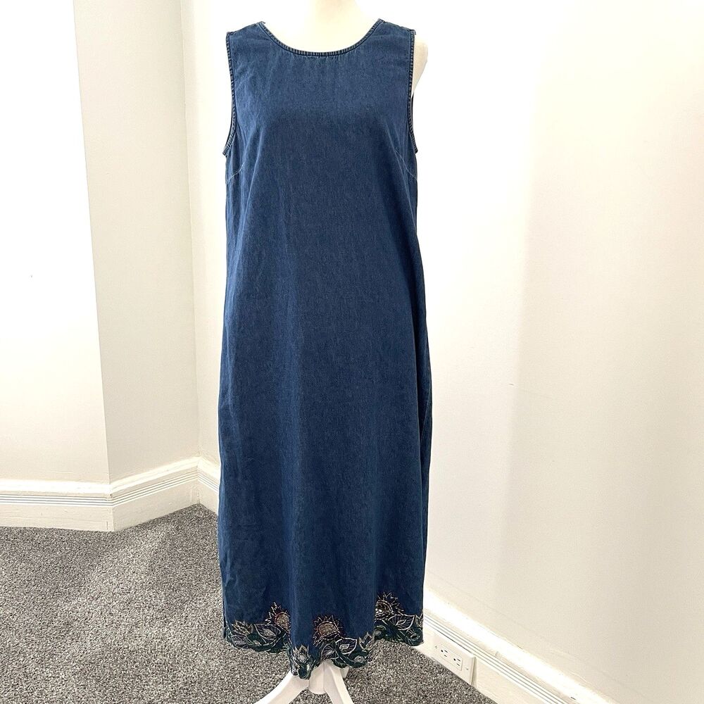Vintage Brownstone Studio Denim Maxi Dress Sz 12 Sleeveless Embroidered Zip Back